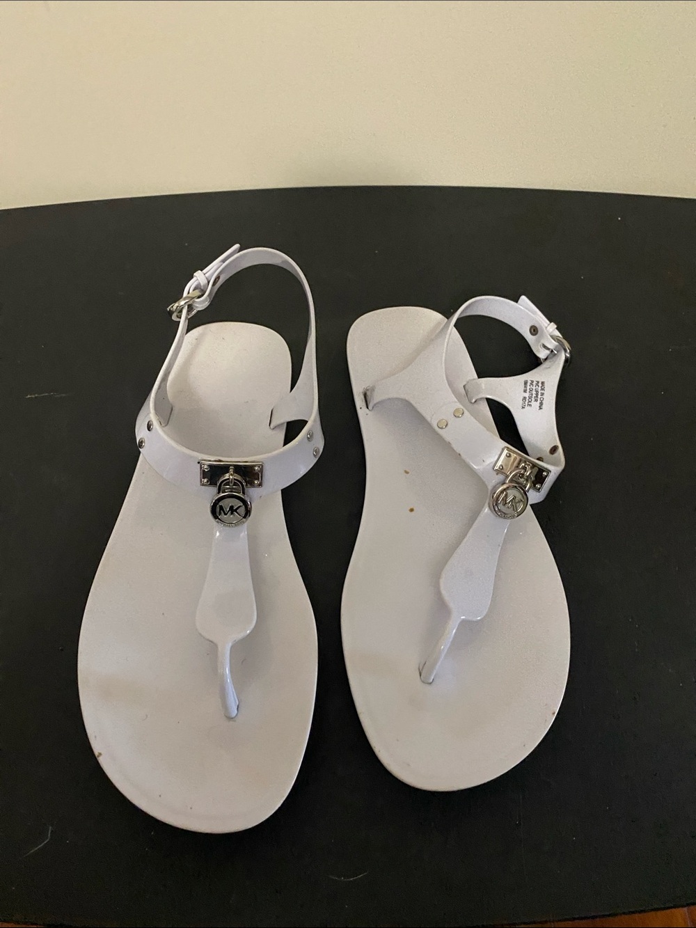 Michael Kors White MK Logo Jelly T-Strap Sandals with Silver Accents